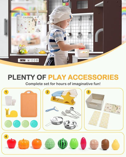Babytronic Corner Wooden Play Kitchen Set for Kids w/Lights & Sounds, Pretend Play Kitchen Playset with Stove, Microwave, Ice Maker & Accessories, Perfect for Toddlers & Multiple Children (Coffee)