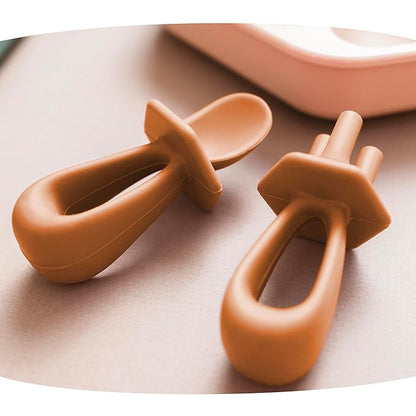 Tiny Twinkle Silicone Training Utensils - Baby Spoons & Baby Forks For Self-Feeding Training - Silicone Baby Led Weaning Utensils For Toddlers And Babies 6-24 Months - Baby Feeding Supplies (Cinnamon)