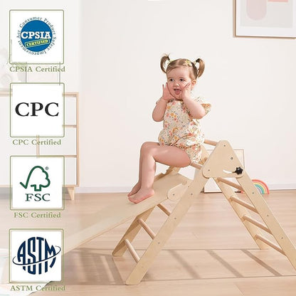 Giant bean Foldable Wooden Climbing Triangle with Sliding Ramp, 3 in 1 Pikler Triangle Climbing Toys for Toddlers, Kids Indoor Climbers & Gym Play Structures for Boys Girls