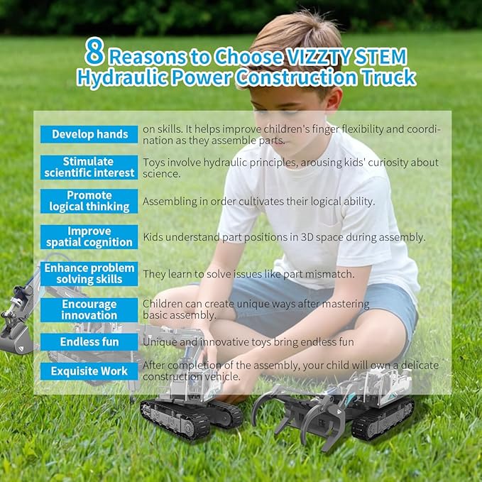 STEM Building Block Assembly Toy Set for Kids 8-12 Years - 3-in-1 Hydraulically Powered Construction Toy Including Excavator, Crane, and Timber Loader