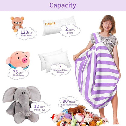 Aubliss Stuffed Animal Bean Bag Storage Chair (Purple/White Striped, Large (38''))