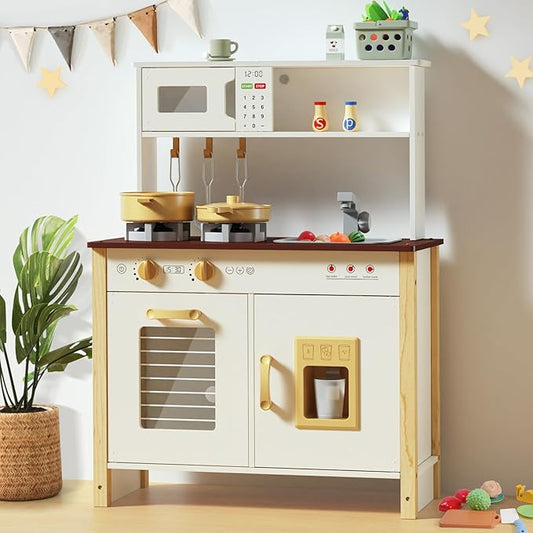 Babytronic Kids Play Kitchen, Wooden Kitchen Playset for Kids Ages 3+ with Real Lights, Sounds, Stove, Sink, Oven, and 30 Pcs Accessories, Toys Kitchen Small Pretend Play Kitchen for Toddlers (White)