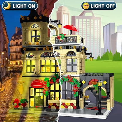 City Restaurant Architecture Building Kit with LED Lights, 3 Levels Restaurant Building Blocks 1489 Pcs City Street View Building Toys Modular House Building Blocks Set for Adult Teen Kids 14+