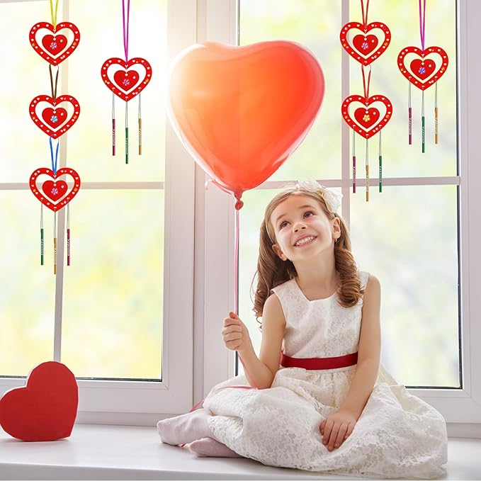 Fennoral 9 Pack Heart Wind Chime Kit for Kids Make You Own Red Heart Wind Chimes Valentine's Day Wooden Ornaments for Kids Art and Craft Valentine's Day Gifts Party Decoration