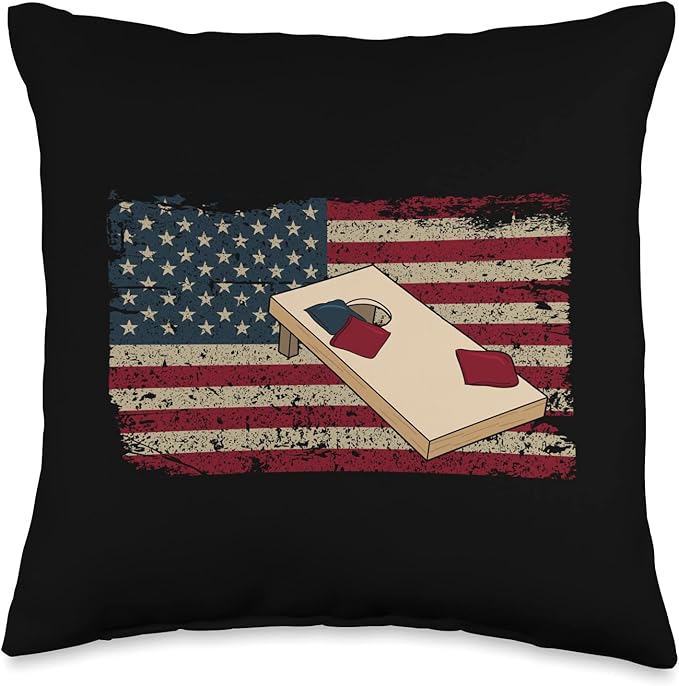Cornhole Player America Flag Tee I Proud Bean Bag Game Board Throw Pillow, 16x16, Multicolor