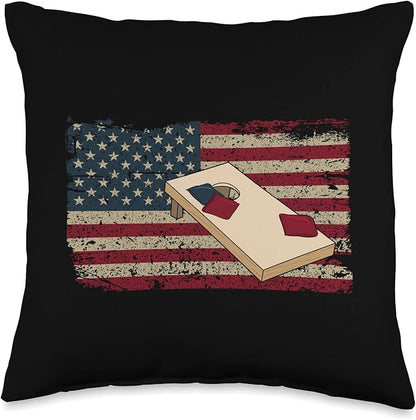 Cornhole Player America Flag Tee I Proud Bean Bag Game Board Throw Pillow, 16x16, Multicolor