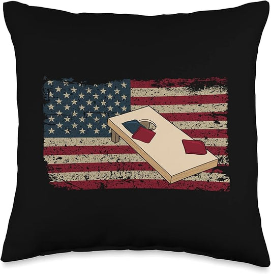 Cornhole Player America Flag Tee I Proud Bean Bag Game Board Throw Pillow, 16x16, Multicolor