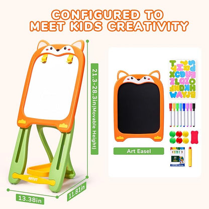 Adjustable Standing Toddler Art Easel with educatinal Accessories for Kid,4-in-1 Double-Sided Magnetic Chalkboard&Whiteboard,Dry Eraser Board,Detachable&Portable,Ideal Birthday Gift for 2-4,FOX