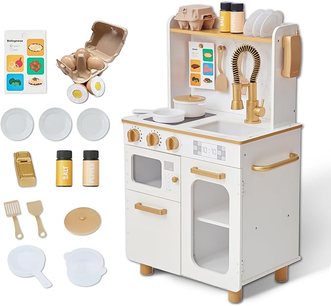 Teamson Kids Little Chef Memphis Wooden Play Kitchen with Interactive, Realistic Features, and 16 Kitchen Accessories for 3yrs and up, Light Oak/Faux White Marble/Gold