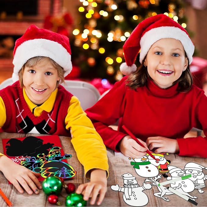 Max Fun Christmas Crafts Scratch Art for Kids, 96PCS Ornaments Rainbow Magic Color Scratch Off Cards Paper Hanging Art Craft Supplies Educational Toys Kit for Kid Party Favor