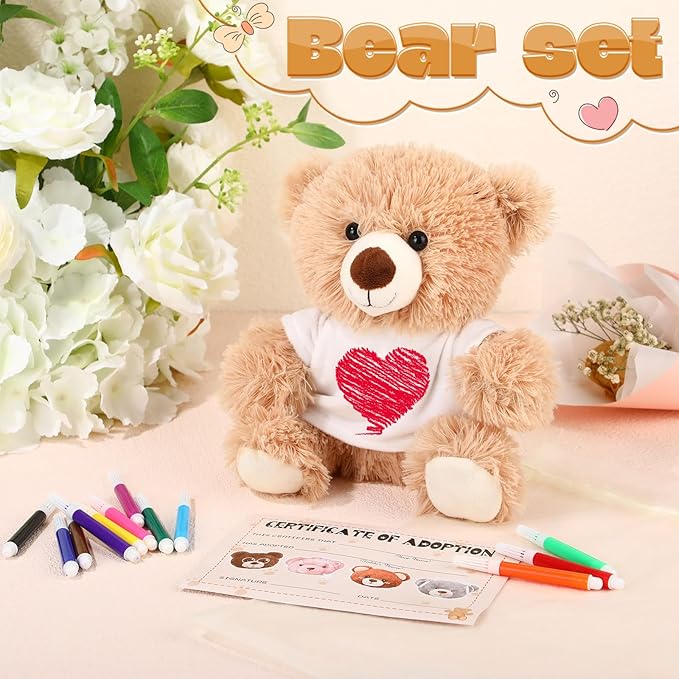 HyDren Valentine's Day Gifts for Kid DIY Bear Stuffed Animal Set Adopt and Stuff Bear Kit 10 Inch Soft Bear Plush with White Bear Clothes Adoption Card DIY Brush for Classroom Favor Baby Shower Party
