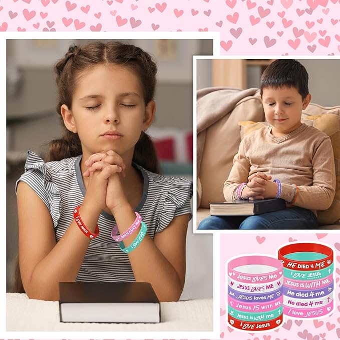 Gueevin 60 Pcs Bible Verse Bracelets for Kids Christian Scripture Bracelets Jesus Wristband Religious Motivational Valentine Kids School Gifts Classroom Prizes (Valentine,Pink Color)
