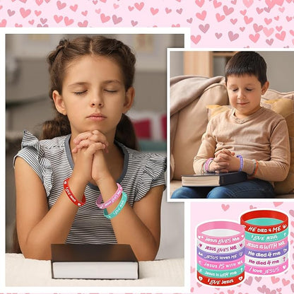 Gueevin 60 Pcs Bible Verse Bracelets for Kids Christian Scripture Bracelets Jesus Wristband Religious Motivational Valentine Kids School Gifts Classroom Prizes (Valentine,Pink Color)