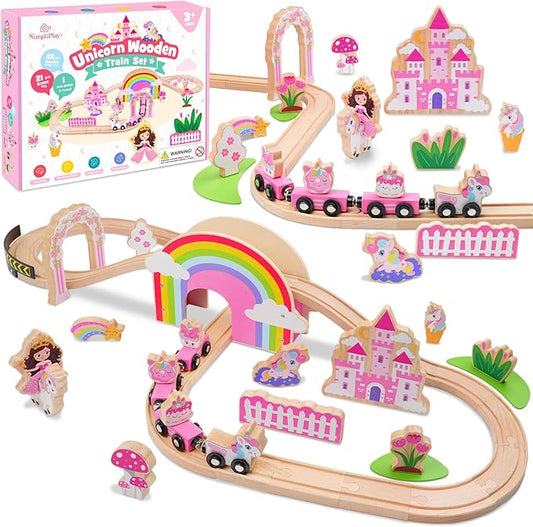 SIMPLIPLAY Wooden Train Set - 43PCS Unicorn Magnetic Toy Train Sets with Wooden Train Tracks & Bridge for Girls Toddlers, Enhance Fine Motor Skills, Ideal for Birthday
