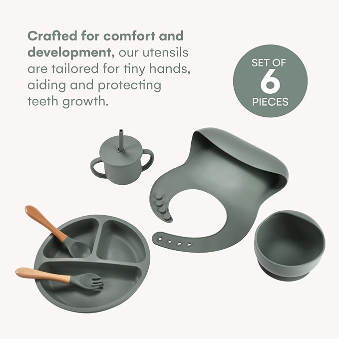 Childlike Behavior Baby Weaning Set of 6 - Sage Green Silicone Baby Feeding Set - Self Feeding Baby Wooden Fork and Spoon, Plates, Bibs, Easy to Grip, Dishes and Cups - Eating Learning Essentials