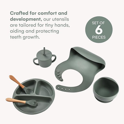 Childlike Behavior Baby Weaning Set of 6 - Sage Green Silicone Baby Feeding Set - Self Feeding Baby Wooden Fork and Spoon, Plates, Bibs, Easy to Grip, Dishes and Cups - Eating Learning Essentials