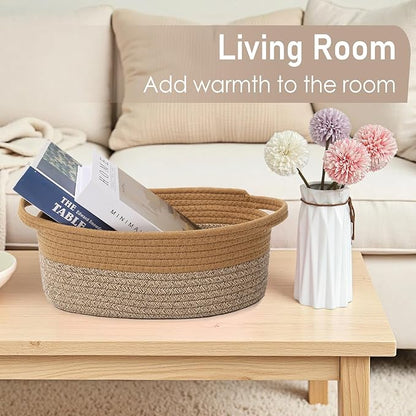 JMvicyroam Woven Basket,Small Rope Storage Bin with Handles & Ribbon Bag, Organizer for Shelves Closets,Gift Basket Empty for Birthday,Books,Dog Toys, Jute&Brown/3 Pack