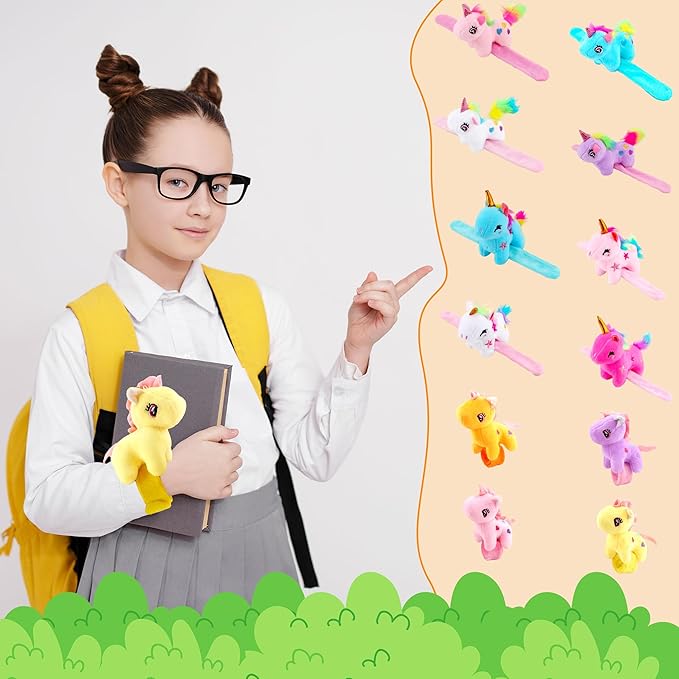 12 Pack Plush Animal Slap Bracelet Unicorn Plush Slap Bracelet Unicorn Stuffed Huggers Pat Ring Bulk for Animal Party Favor Christmas Birthday Gift Fillers, 12 Styles