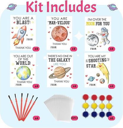 GEECOZYLIFE Thank You for Coming Gifts for Kids - 24 PCS Space Cards with Art Supplies - Space Wood Painting Craft Kits - Kids Christmas Birthday Boys Girls Gifts Bulk - Space Party Favors