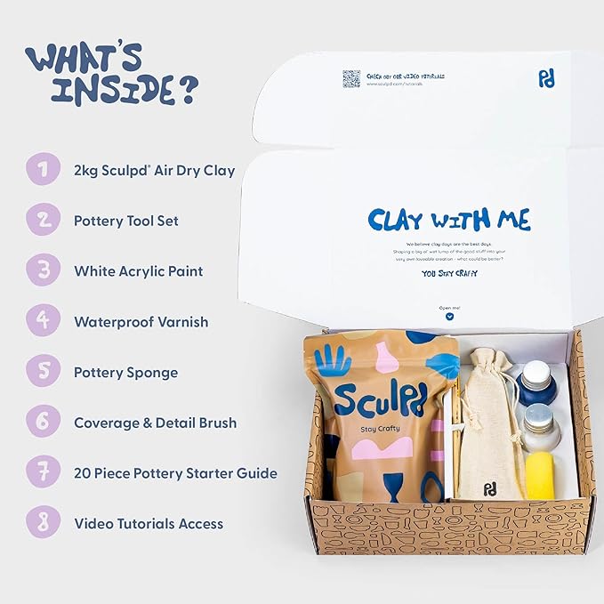 Sculpd - The Original Pottery Starter Kit - Complete Air Dry Clay + Painting Beginner Set for 2 Adults: Includes Sculpting Tools, Acrylic Paint, Brushes, Easy Guide, Video Tutorial & More