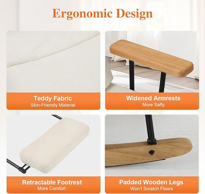 Rocking Chair with Footrest-Glider Rocker Chair with Retractable Footrest and Adjustable Backrest, Teddy Upholstered Rocking Chair, Modern Accent Chair for Living Room/Nursery/Bedroom/Outdoor-Beige