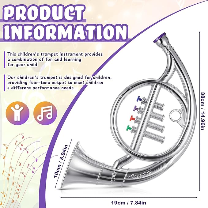 Lewtemi Silver Horn Musical Instruments Toy for Kid Toddler Fake Plastic Preschool Music Toy Gift Portable Wind Instrument Early Educational Teaching Songs Gifts for Toddlers Children