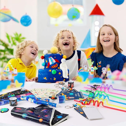 LiYiQ 87 Pcs Space Party Favors with Space Spiral Notebooks 10 in 1 Pen Reusable Straws Slap Bracelets Keychains Space Temporary Tattoo Stickers and Gift Bags for Kids Space Birthday Party Supplies