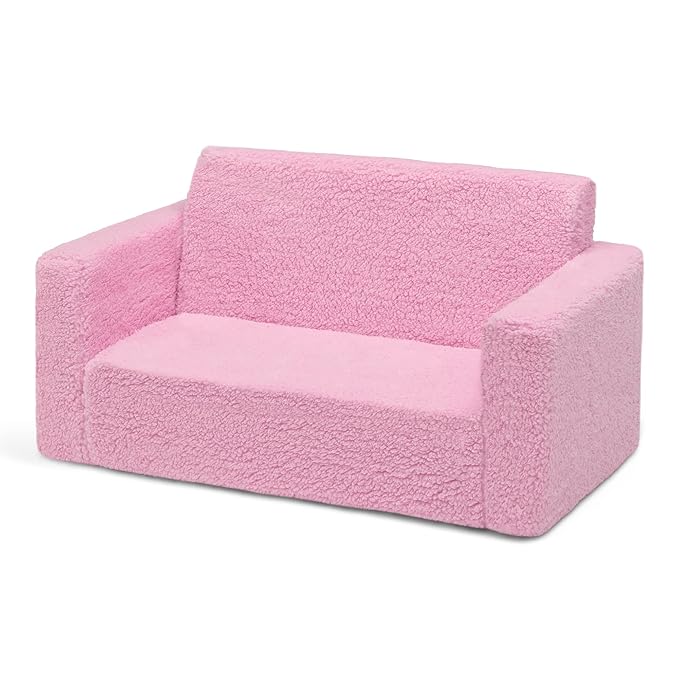Delta Children Cozee Flip-Out Sherpa 2-in-1 Convertible Sofa to Lounger for Kids, Pink