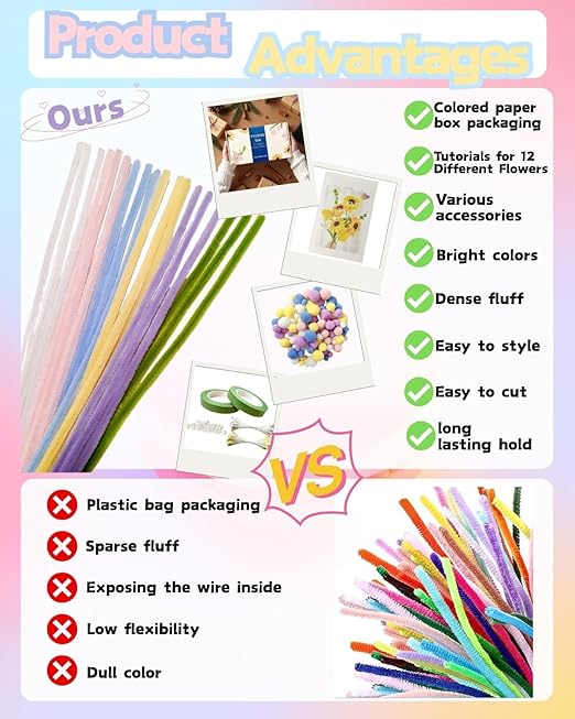 YYUENGTAK 500 Pcs Pipe Cleaner Flower kit with tutoria,Pipe Cleaners Craft(6 Colors)，Chenille Stems Flowers Craft kit with 20 pcs Green Floral Wires,Gardening Tape,Stamen(2 Colors),Pearl Beads,pompoms