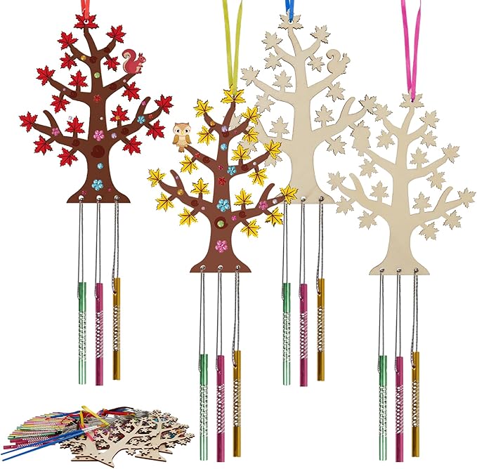 Fennoral 10 Pack Fall Wind Chime Kit for Kids Make You Own Fall Tree Wind Chime Wooden Arts and Crafts for Girls Boys DIY Coloring Fall Craft Activity Autumn Party Deocration