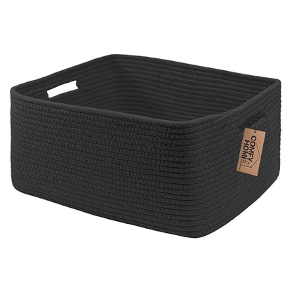 COMFY-HOMI Cotton Rope Woven Basket with Handles for Shelves,Toys,Book, Cloth Storage Baskets Bin for Organizing- 1 PCSToy Decorative Organizer for Living Room, Bathroom 17" x 13" x 7.5" - All Black