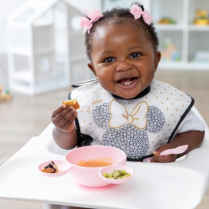 Bumkins Disney Baby Bowl, Silicone Feeding Set with Suction for Baby and Toddler, Includes Spoon and Lid, Essentials for Baby Led Weaning,for Babies 4 Months, Minnie Mouse Light Pink