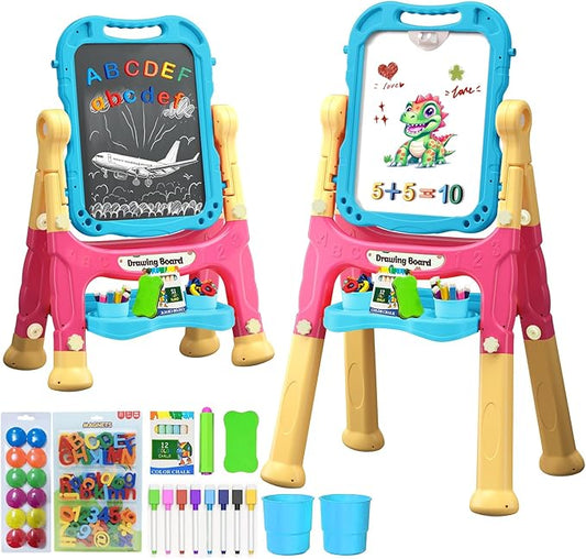 Art Easel for Kids with Magnetic Drawing Board, Double Sided Easel with Magnetic Letters & Numbers Easel, Adjustable Standing Easel for Toddler, Creative Play for Kids