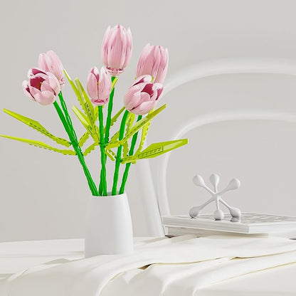 Flower Bouquet Building Toy Set Tulips, Botanical Building Blocks for Adults Home Office Decor Pink Color