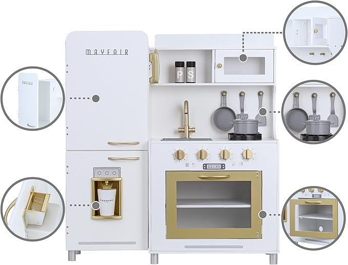 Teamson Kids - Children Play Kitchen Sets, Toddler Girls Pretend Kitchen Set Ages 2-6, Kitchen Toys for Kids Ages 4-8, Little Chef Mayfair Classic Kids Kitchen Playset with 11 Accessories - White/Gold