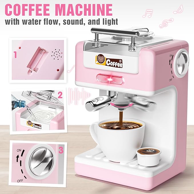 Pretend Play Kitchen Appliances Toy Set with Realistic Coffee Maker Machine, Toaster, Mixer and Blender, Kids Kitchen Playset with Sound & Light for Kids Age 3–5 4-8