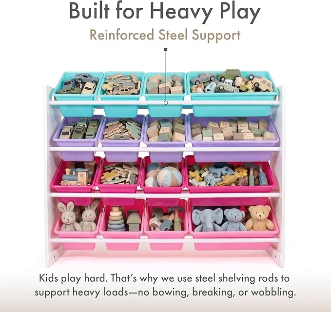 Humble Crew Toy Storage Organizer with 16 Removable Storage Bins for Kids Playroom, 4-Tier Toddler Toy Organization and Storage, White/Blue/Pink/Purple