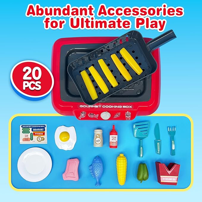DIY Magic Fun Frying Kit Gourmet Cooking Box, Cooking Simulator Kitchen Set Toy for Kids, Pretend Play 20 PCS Play Food for Kids Kitchen Playset, The Best Birthday Gifts for Kids