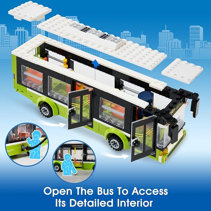 City Bus Station Building Toy Set,Includes a Bus, 6 Minifigures and a Gas Station, Bus Toy for Kids Ages 6+ Years Old,Great Gift Idea for Boys and Girls,Compatible with City Sets(415 Pcs)
