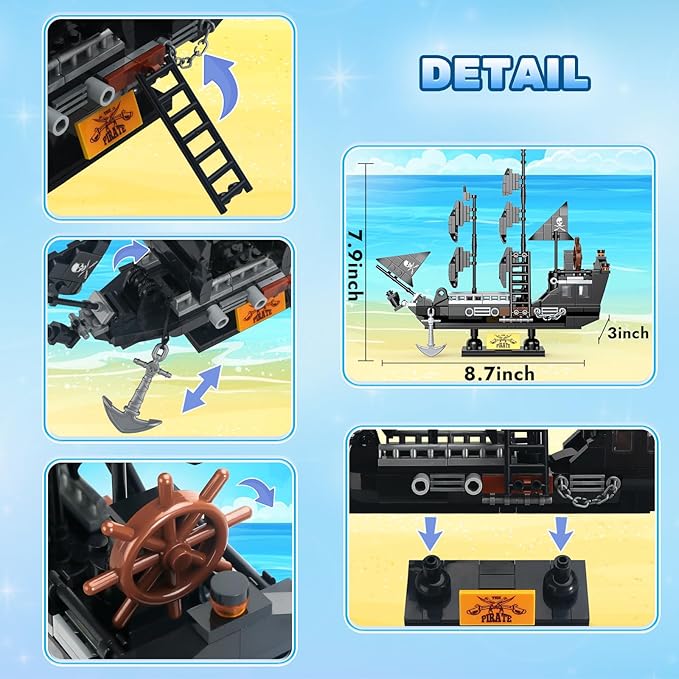 BRICK STORY Pirate Ship Building Sets Pirates Model Kits 298 Pieces Creative Black Ships Building Blocks Toys Gift for Boys Ages 6+, Pirate Themed Boat Collection Toy for Kids & Adult