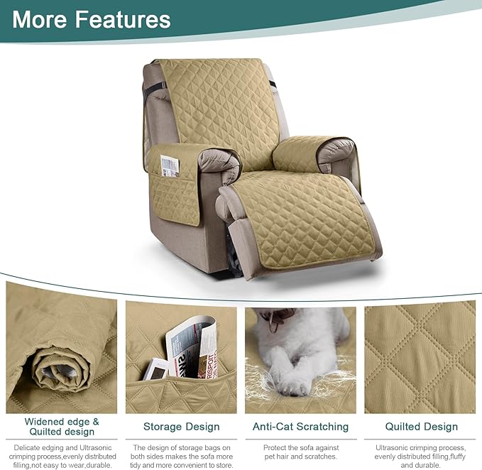 Ruaozz 100% Waterproof Recliner Chair Cover Non-Slip Oversized Reclining Cover for Large Recliner Chair Washable Chair Seat Cover with Elastic Straps for Kids, Dogs, Pets (Sand, 28'')