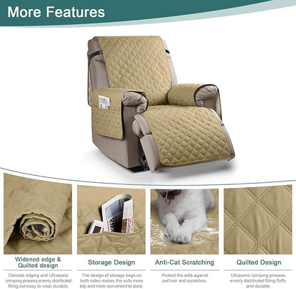 Ruaozz 100% Waterproof Recliner Chair Cover Non-Slip Oversized Reclining Cover for Large Recliner Chair Washable Chair Seat Cover with Elastic Straps for Kids, Dogs, Pets (Sand, 28'')