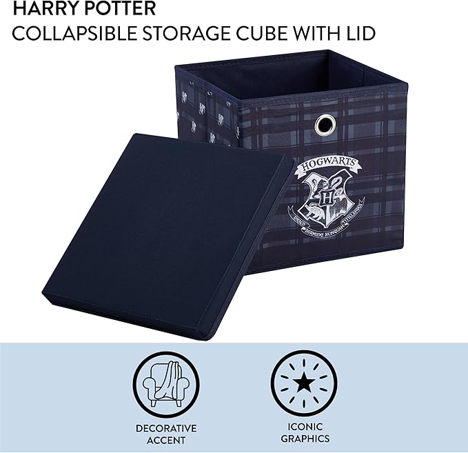 Harry Potter Collapsible Storage Cube with Removable Lid,10” x 10” x 10” Fabric Organizer Bin for Kids Bedroom, Closet or Playroom Décor