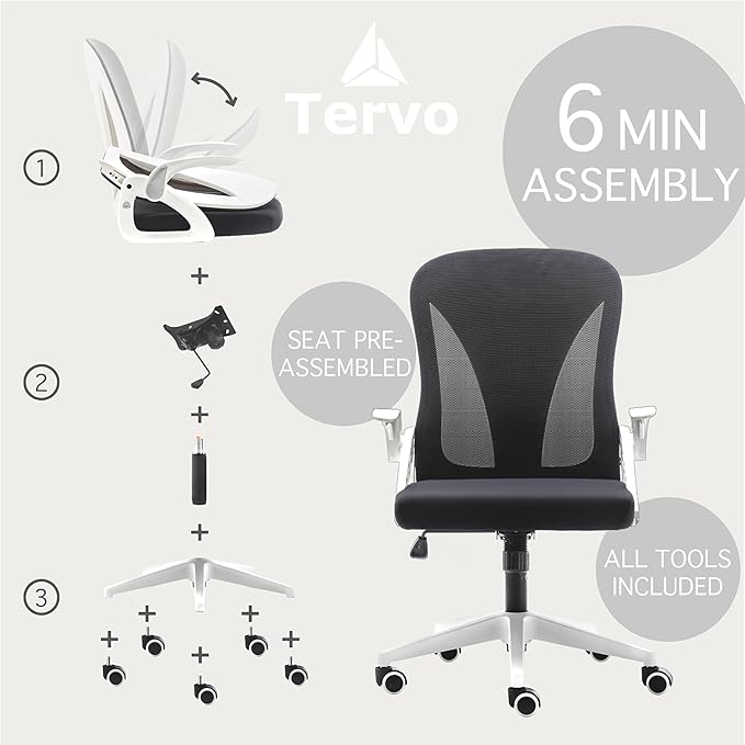 Tervo Model S | Folding Office Chair for Small Spaces | Gaming Chair for Adults & Kids | Ergonomic Mesh Computer Chair for Bedroom | Desk Chair for Home Work | (White & Black)