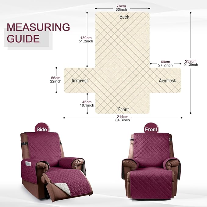 KinCam 100% Waterproof Recliner Chair Cover, Reclining Couch Covers for Pets, Dogs, Recliner Couch Slipcover Furniture Protector with Elastic Straps for Kids(30", Burgundy)