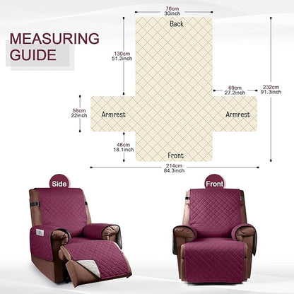 KinCam 100% Waterproof Recliner Chair Cover, Reclining Couch Covers for Pets, Dogs, Recliner Couch Slipcover Furniture Protector with Elastic Straps for Kids(30", Burgundy)