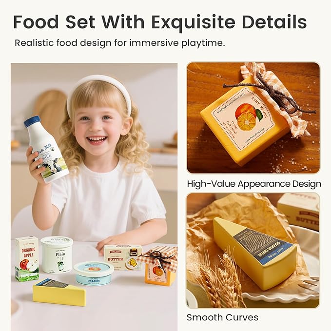 Tiny Land Wooden Dairy & Drinks Set – 7-Piece Pretend Food Toy with Milk, Juice & Cheese – Fun Wooden Play Kitchen Accessory for Toddlers & Kids Ages 3+