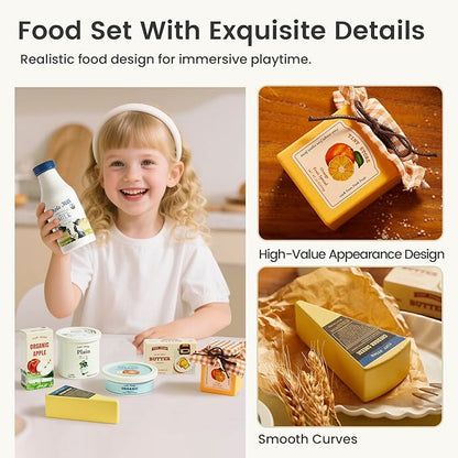Tiny Land Wooden Dairy & Drinks Set – 7-Piece Pretend Food Toy with Milk, Juice & Cheese – Fun Wooden Play Kitchen Accessory for Toddlers & Kids Ages 3+