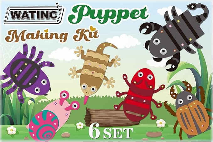 WATINC 6Pcs Hand Puppet Making Kit, Art Craft Felt Sock Puppet Toys, Creative DIY Make Your Own Pompoms Wiggle Googly Eyes Storytelling Role Play Party Supplies Gift for Girls Boys (Insect Animals B)
