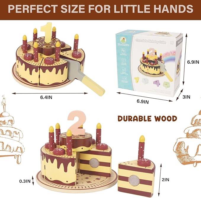 Pretend Play Food for Toddlers 1-3,Wooden Birthday Fake Cake with Candles and Numbers,Tea Party Learning Kitchen Gift Toys for Boys Girls (Chocolate Cake)